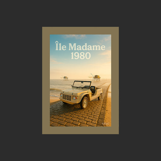 Affiche SP0104 Citroën Méhari beige 1980 Ile Madame en Charente Maritime en été, design avec marge couleur.