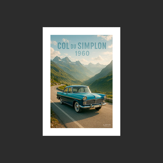 Affiche SP0105 Simca Chambord 1960 Col du Simplon Suisse Alpes en été, design avec marge blanche.