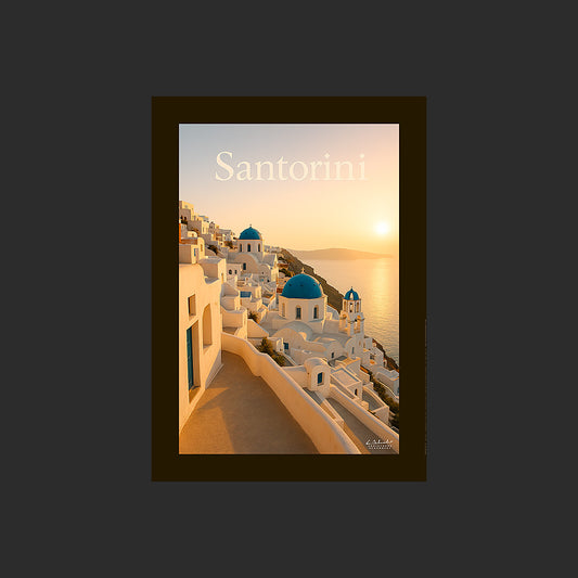 Affiche SP0107 L'île de Santorin en Grèce depuis une terrasse au couchant sur la mer, design avec marge couleur.