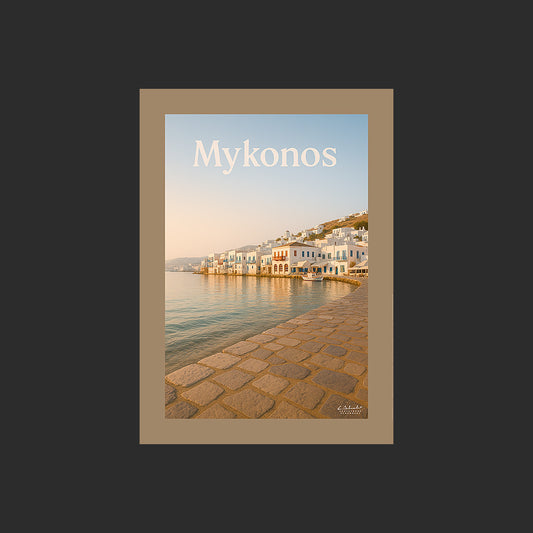Affiche SP0109 Maisons sur l'île de Mykonos en Grèce au bord de mer le matin en été, design avec marge couleur.