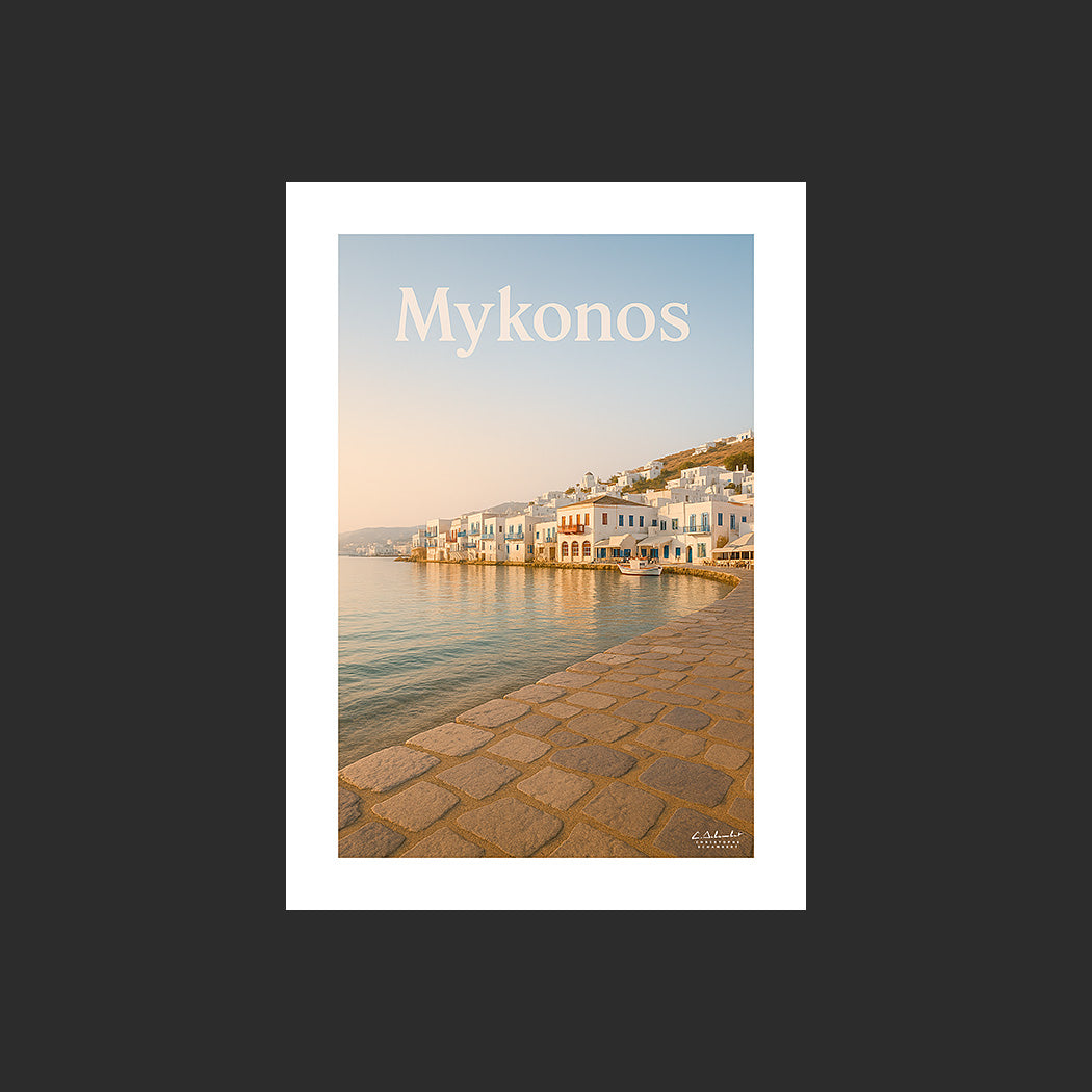 Affiche SP0109 Maisons sur l'île de Mykonos en Grèce au bord de mer le matin en été, design avec marge blanche.
