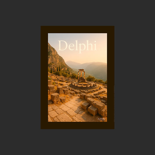 Affiche SP0110 Le site archéologique de Delphes en Grèce au soleil couchant, design avec marge couleur.