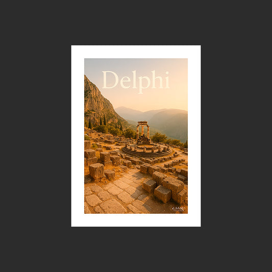Affiche SP0110 Le site archéologique de Delphes en Grèce au soleil couchant, design avec marge blanche.