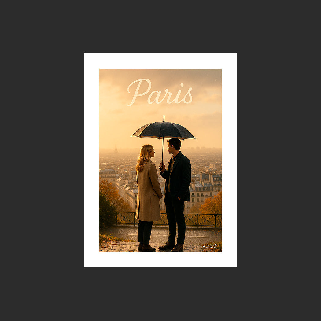 Affiche SP0112 Un jeune couple sur la Butte Montmartre à Paris en automne, design avec marge blanche.