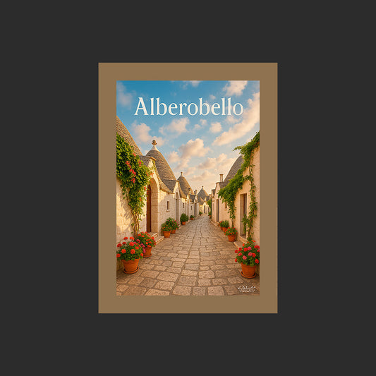Affiche SP0113 Les maisons trulli du quartier Monti à Alberobello en Italie en été, design avec marge couleur.