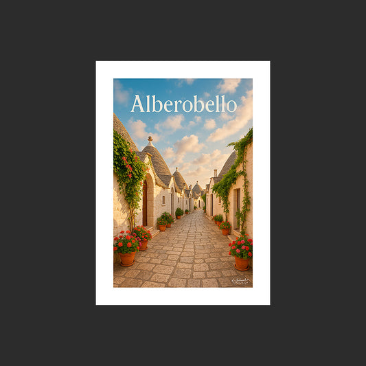 Affiche SP0113 Les maisons trulli du quartier Monti à Alberobello en Italie en été, design avec marge blanche.