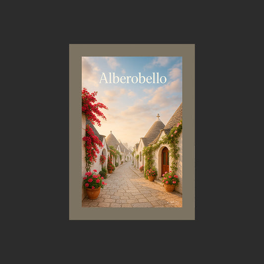 Affiche SP0114 Alberobello et ses maisons trulli du quartier Monti au printemps, design avec marge couleur.