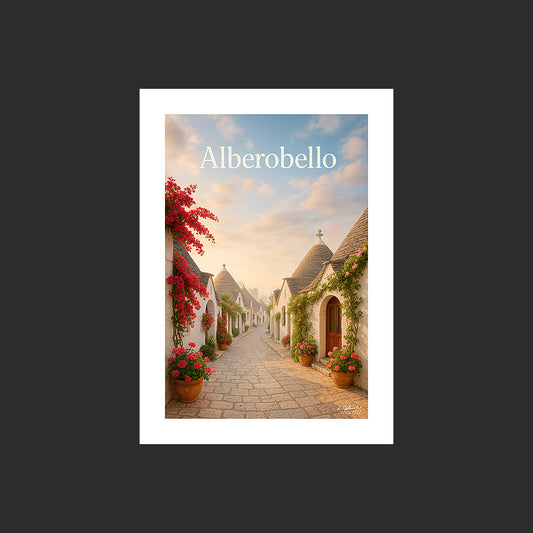 Affiche SP0114 Alberobello et ses maisons trulli du quartier Monti au printemps, design avec marge blanche.