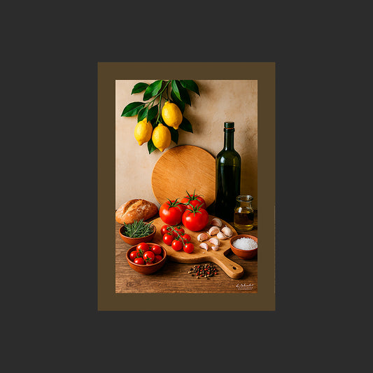 Affiche SP0115 Ingrédients de cuisine méditerranéenne sur une table, design avec marge couleur.