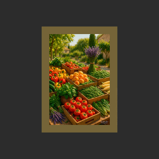 Affiche SP0117 Un marché en Provence avec un étal de fruits légumes et lavande, design avec marge couleur.