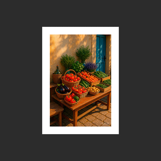 Affiche SP0118 Une maison de Provence avec étal de fruits et légumes en été, design avec marge blanche.