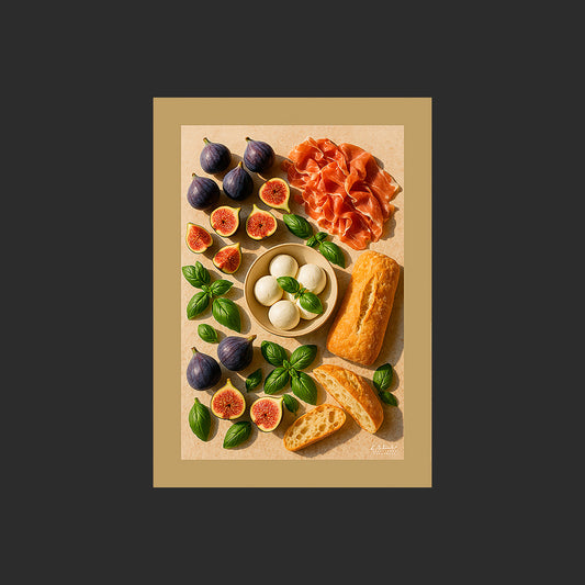 Affiche SP0119 Cuisine italienne avec jambon cru, mozzarella, basilic, ciabatta, figues, design avec marge couleur.