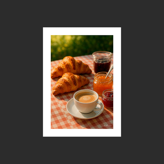 Affiche SP0120 Petit déjeuner français, croissants, café, confitures, nappe à carreaux, design avec marge blanche.