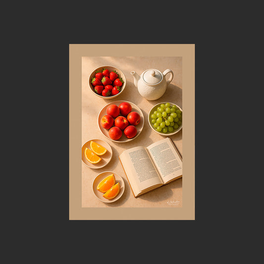 Affiche SP0121 Composition stylisée avec fruits frais, théière, livre ouvert, design avec marge couleur.