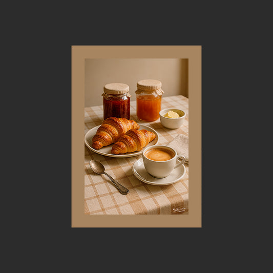 Affiche SP0122 Petit déjeuner traditionnel, croissants, café, confitures, nappe beige, design avec marge couleur.