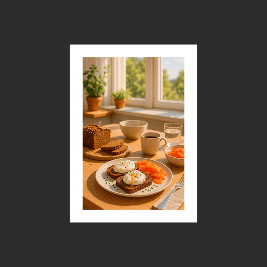 Affiche SP0123 Table de brunch scandinave, pain noir, saumon, œufs pochés, café, design avec marge blanche.
