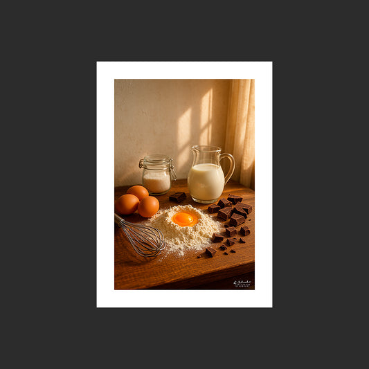 Affiche SP0124 Ingrédients de pâtisserie, farine, œufs, chocolat, lait, sucre, fouet, design avec marge blanche.