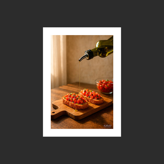 Affiche SP0125 Huile d’olive sur des tartines ou bruschettas sur planche à découper, design avec marge blanche.