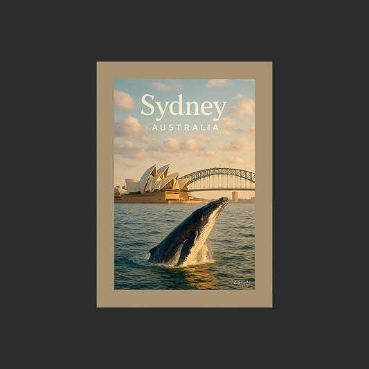 Affiche SP0126 Une baleine dans le port de Sydney en Australie en été, design avec marge couleur.