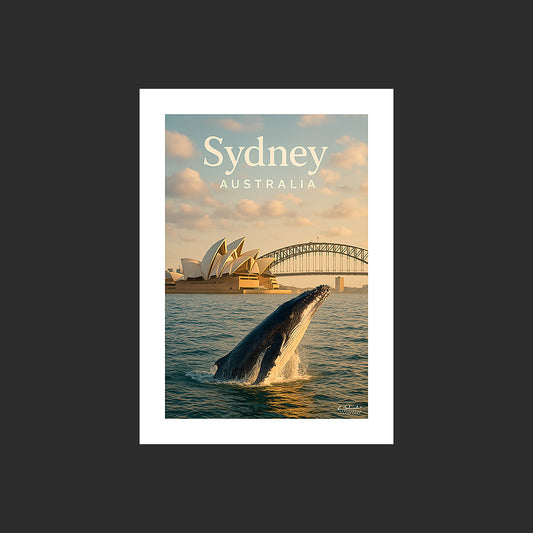 Affiche SP0126 Une baleine dans le port de Sydney en Australie en été, design avec marge blanche.