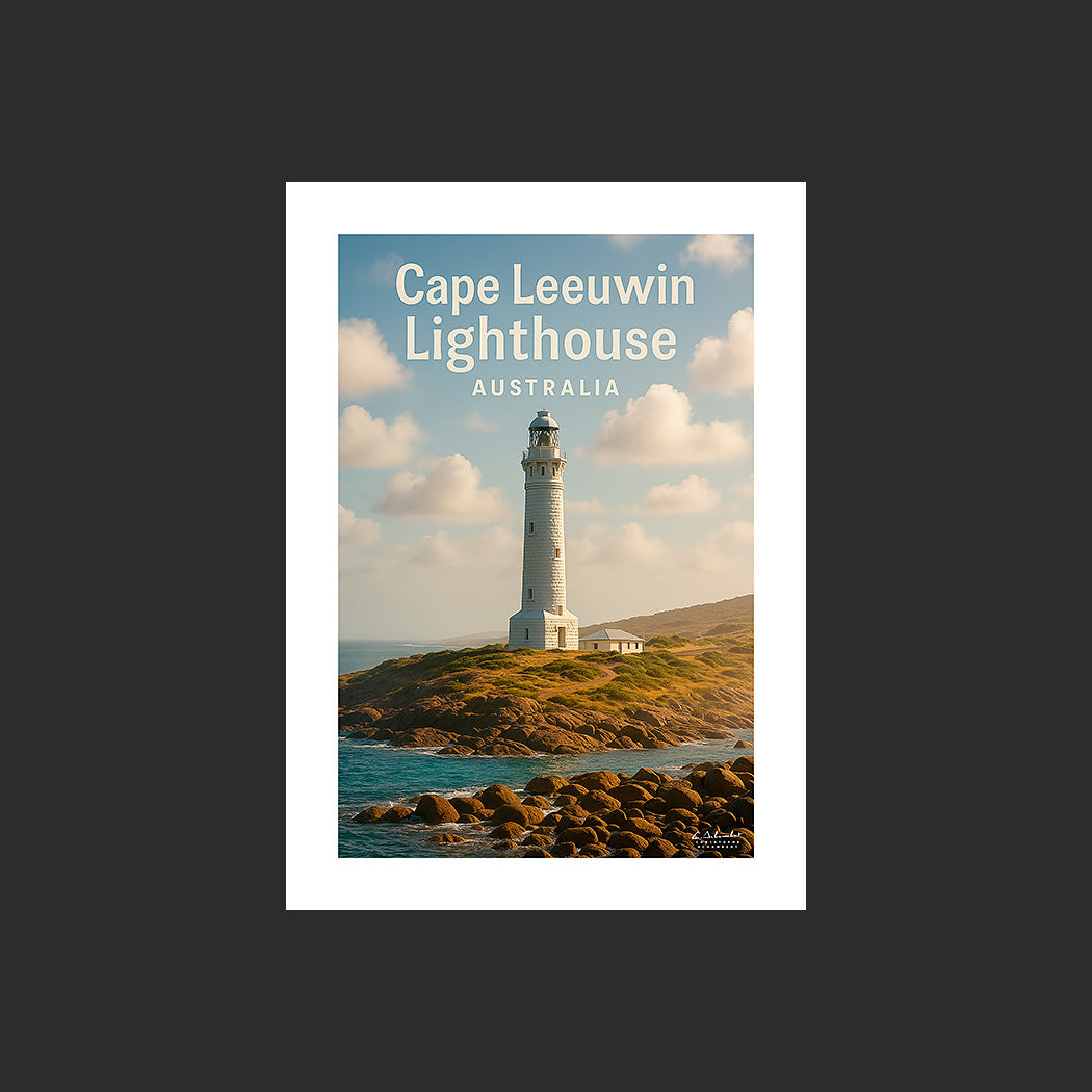 Affiche SP0128 Cape Leeuwin Lighthouse Australie au couchant en été, design avec marge blanche.