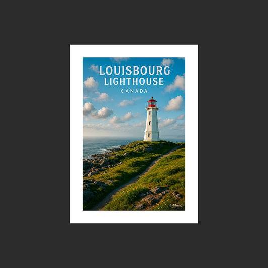 Affiche SP0129 Louisbourg Lighthouse Canada Nouvelle-Ecosse au couchant en été, design avec marge blanche.