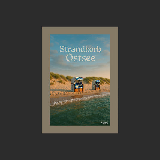 Affiche SP0131 Plage et dunes avec strandkorbs en mer Baltique en Allemagne, design avec marge couleur.
