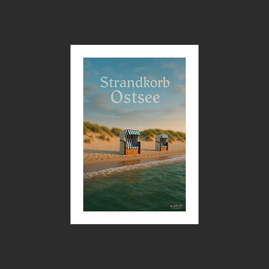 Affiche SP0131 Plage et dunes avec strandkorbs en mer Baltique en Allemagne, design avec marge blanche.