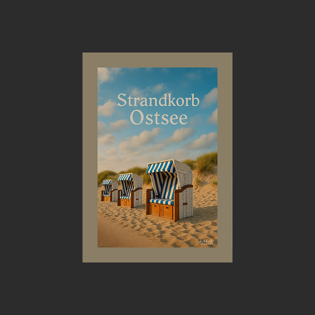 Affiche SP0132 Strandkorb en Allemagne sur une plage de la mer Baltique, design avec marge couleur.