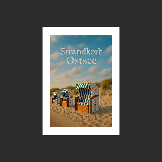 Affiche SP0132 Strandkorb en Allemagne sur une plage de la mer Baltique, design avec marge blanche.