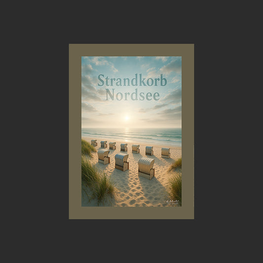 Affiche SP0132 Strandkorb en Allemagne avec la mer du Nord et la plage au couchant, design avec marge couleur.