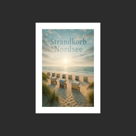 Affiche SP0132 Strandkorb en Allemagne avec la mer du Nord et la plage au couchant, design avec marge blanche.