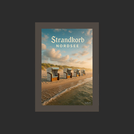 Affiche SP0136 Strandkorb en mer du Nord en Allemagne au couchant, design avec marge couleur.