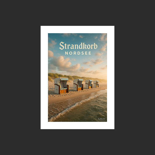 Affiche SP0136 Strandkorb en mer du Nord en Allemagne au couchant, design avec marge blanche.