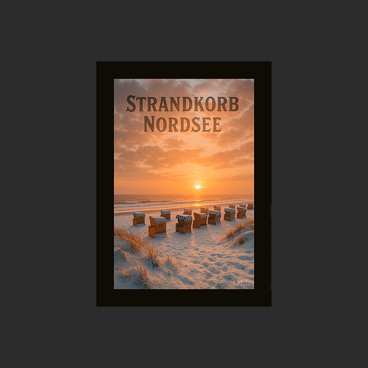 Affiche SP0137 Strandkorb en Allemagne en mer du Nord en hiver au couchant, design avec marge couleur.