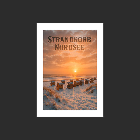Affiche SP0137 Strandkorb en Allemagne en mer du Nord en hiver au couchant, design avec marge blanche.