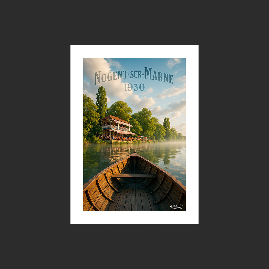 Affiche SP0138 Guinguette de Nogent-sur-Marne 1930 en barque sur la Marne, design avec marge blanche.