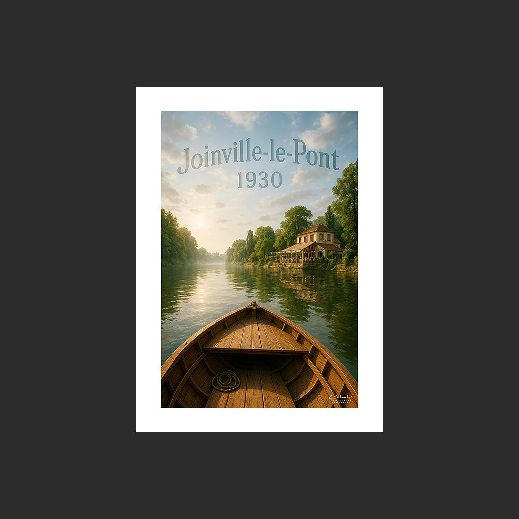 Affiche SP0139 Guinguette de Joinville-le-Pont 1930 en barque sur la Marne, design avec marge blanche.