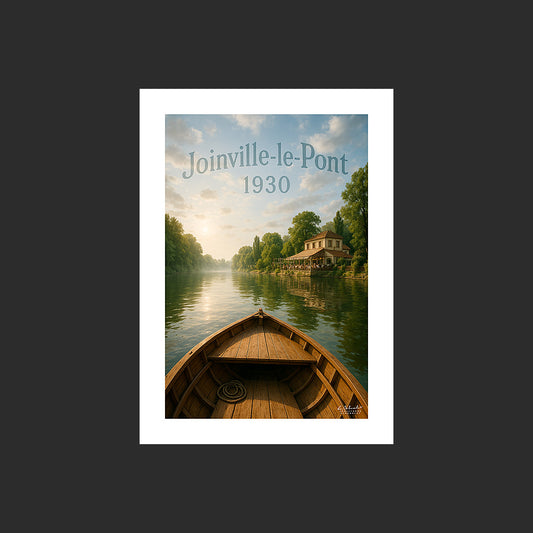 Affiche SP0139 Guinguette de Joinville-le-Pont 1930 en barque sur la Marne, design avec marge blanche.