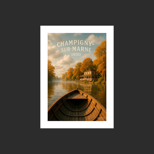 Affiche SP0140 Guinguette de Champigny-sur-Marne 1930 en barque sur la Marne, design avec marge blanche.