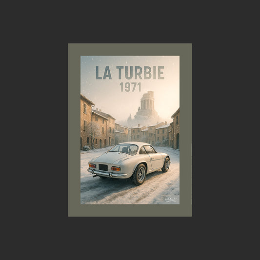 Affiche SP0141 Alpine Renault A110 1600S 1971 Blanche La Turbie en hiver, design avec marge couleur.