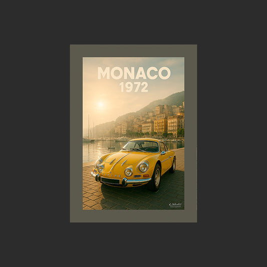 Affiche SP0142 Alpine Renault A110 1600S 1972 Jaune Monaco sur le port en été, design avec marge couleur.