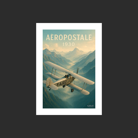 Affiche SP0143 Potez 25 Aéropostale 1930 dans les Andes au couchant, design avec marge blanche.