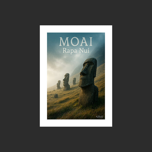 Affiche SP0146 Moaï sur l'Île de Pâques sur une pente en hiver sous la pluie, design avec marge blanche.