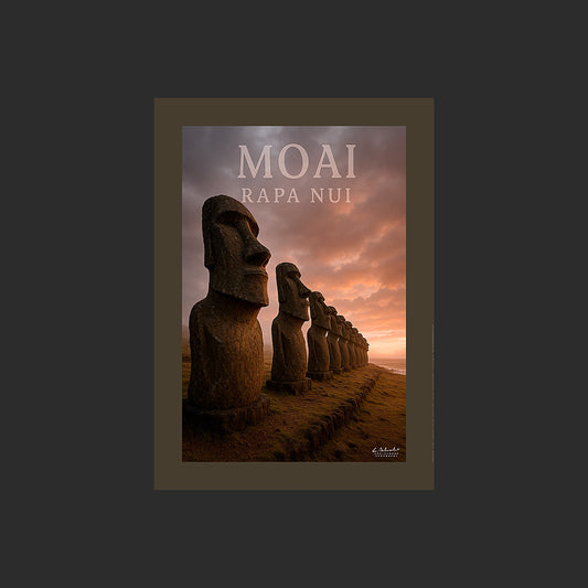 Affiche SP0147 Moaï alignés sur l'Île de Pâques en bord de mer au couchant en automne, design avec marge couleur.