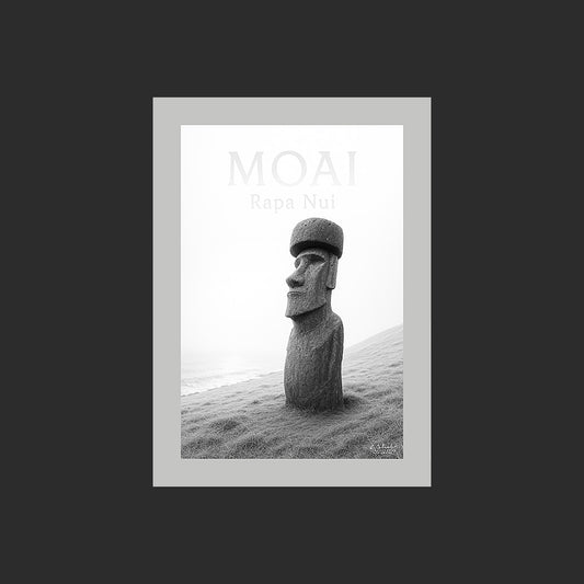 Affiche SP0148 Moaï solitaire sur l'Île de Pâques en bord de mer en noir et blanc, design avec marge couleur.