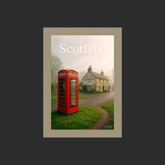 Affiche SP0149 Cabine téléphonique rouge en Ecosse devant un pub au printemps, design avec marge couleur.