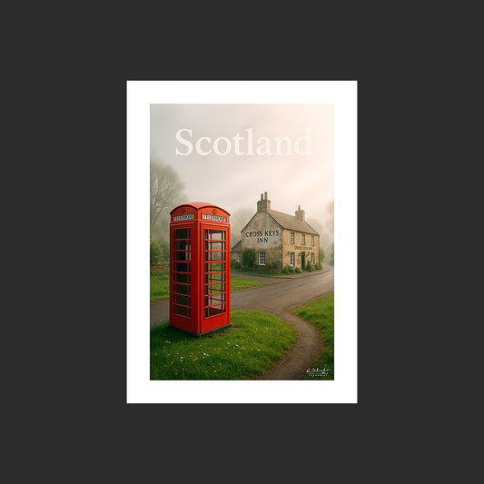 Affiche SP0149 Cabine téléphonique rouge en Ecosse devant un pub au printemps, design avec marge blanche.