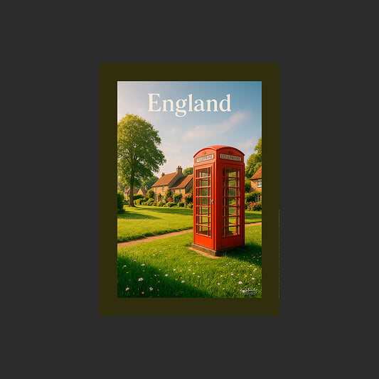 Affiche SP0151 Cabine téléphonique en Angleterre dans le East Sussex en été, design avec marge couleur.