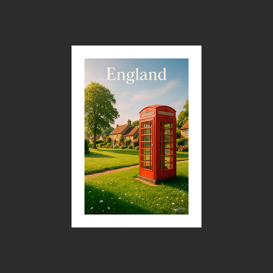 Affiche SP0151 Cabine téléphonique en Angleterre dans le East Sussex en été, design avec marge blanche.